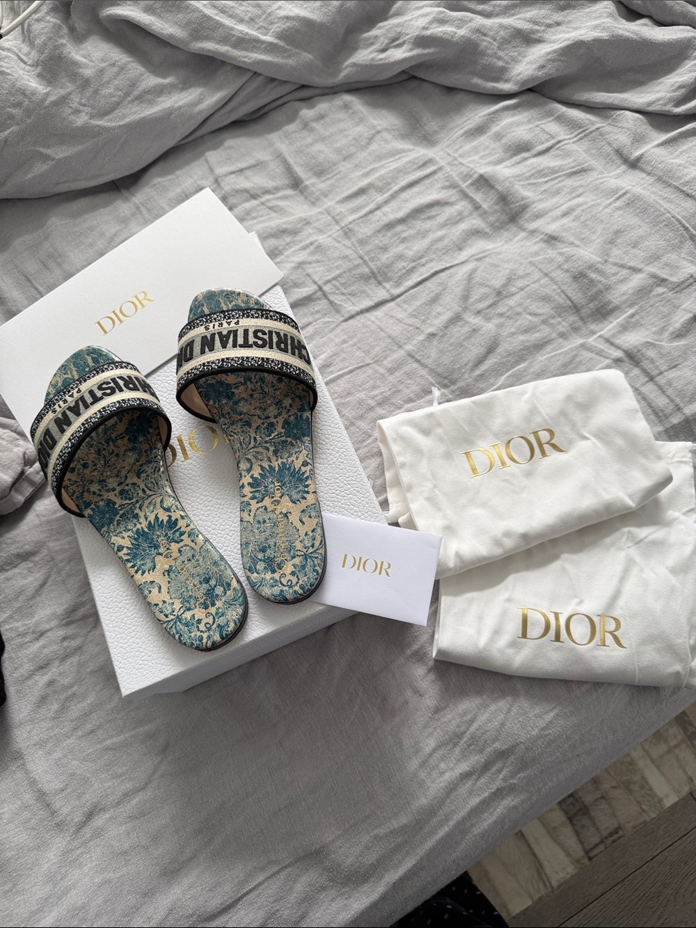 Authentic Dior Blue & Cream Floral Embroidered Slide Sandals